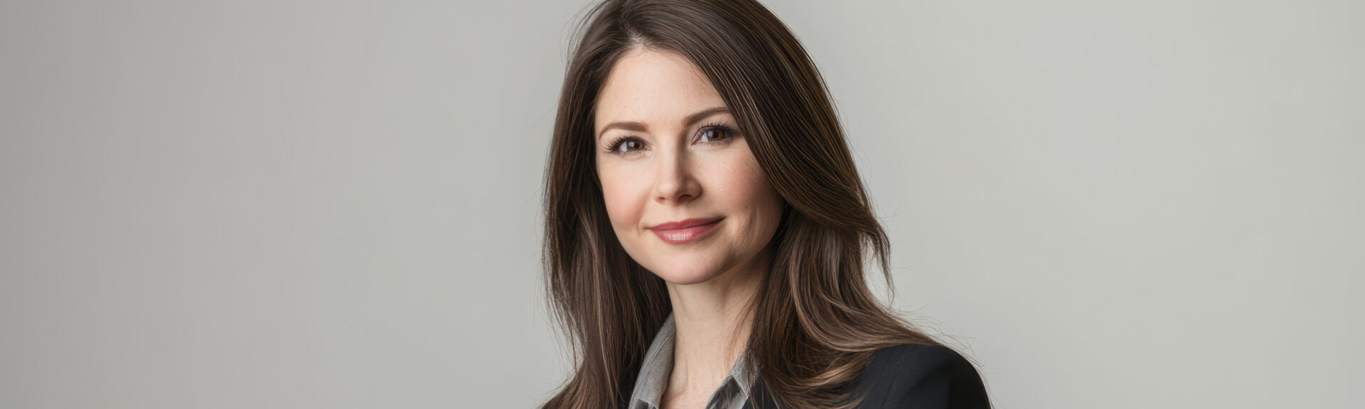 Professional woman in a black suit holding a book, smiling, against a neutral background