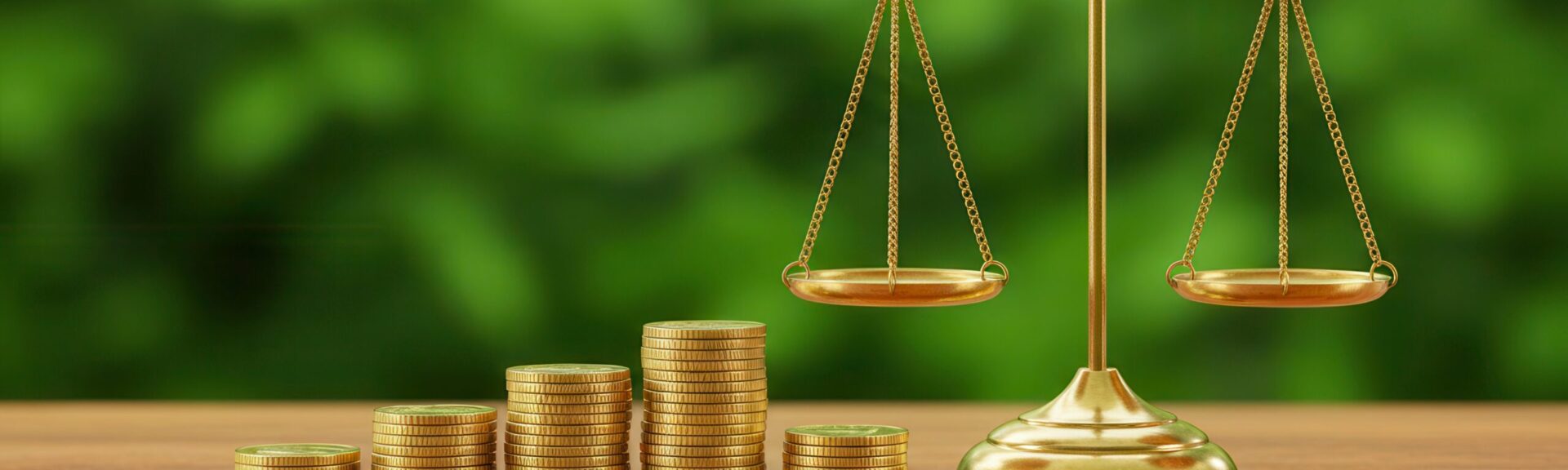 Scales of justice balance stacks of coins, symbolizing financial equilibrium and fair investment. Represents wealth management, legal finance, and economic balance.
