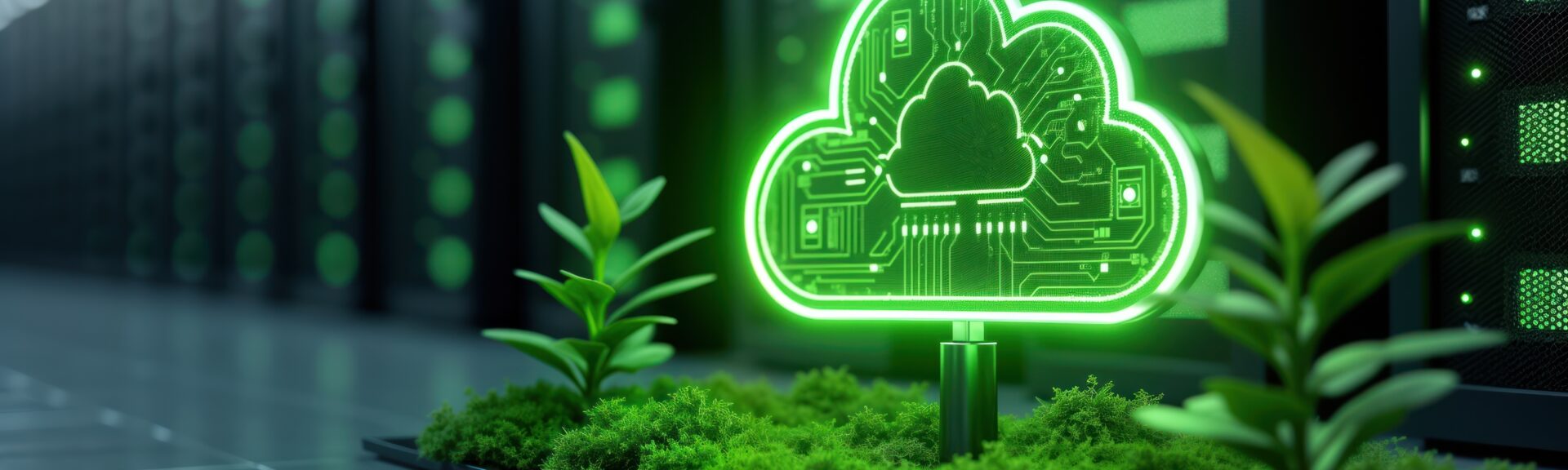 Eco-friendly cloud computing concept. Green energy icons on data centers. Modern tech solution for sustainable business. Illustrative image shows server rooms with glowing cloud symbol. Plants moss