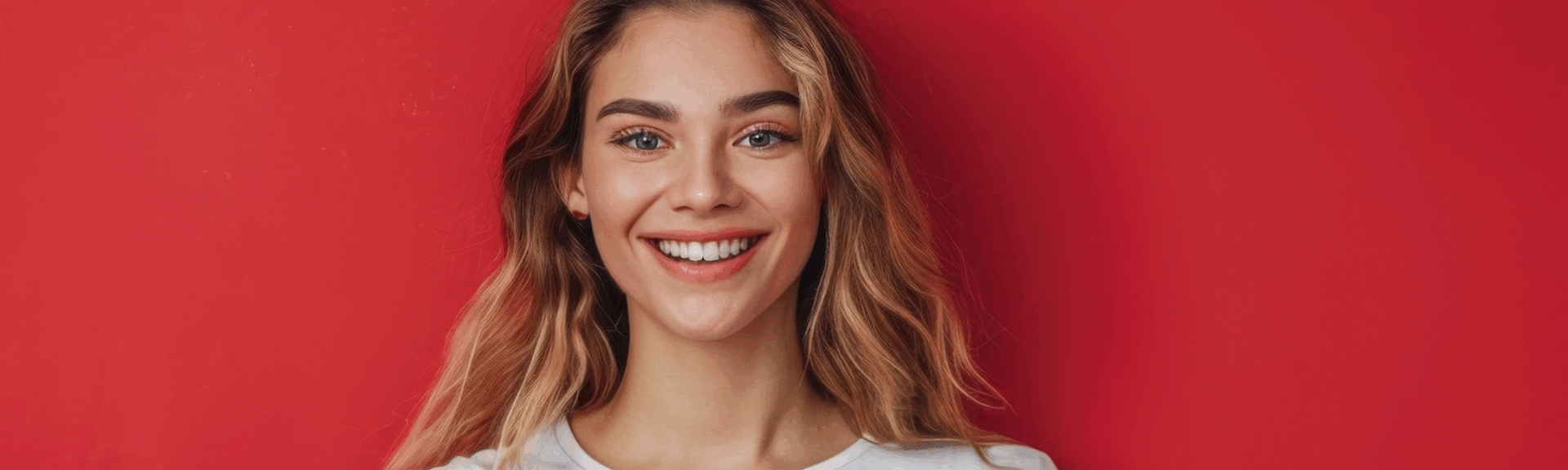 inserat2 Smiling woman in white T-Shirt and red backround