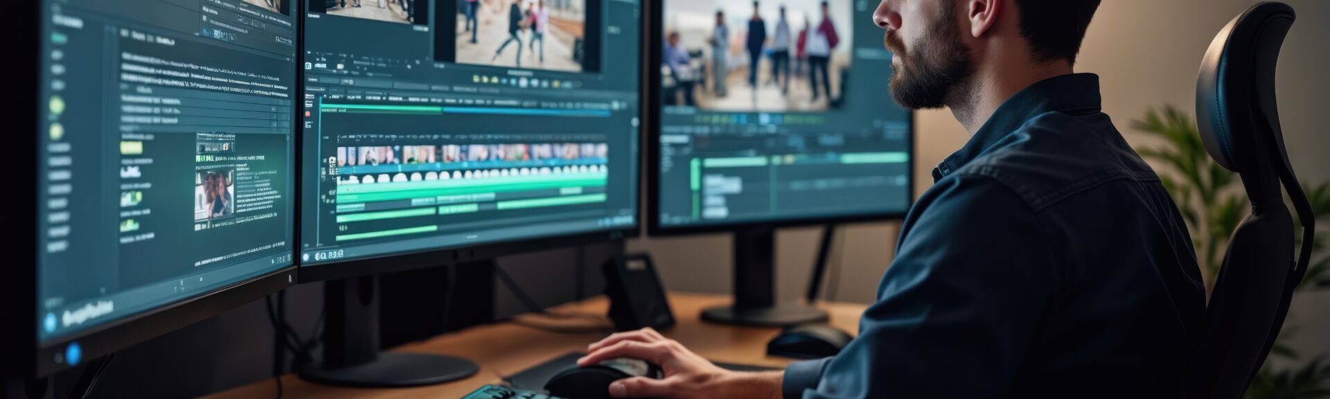 Video editor working on footage at desk. Modern workspace features multiple computer monitors. Man uses keyboard, mouse. Post production, video editing process. Cinematic, digital technology in media Video editor working on footage at desk. Modern workspace features multiple computer monitors. Man uses keyboard, mouse. Post production, video editing process. Cinematic digital technology in media