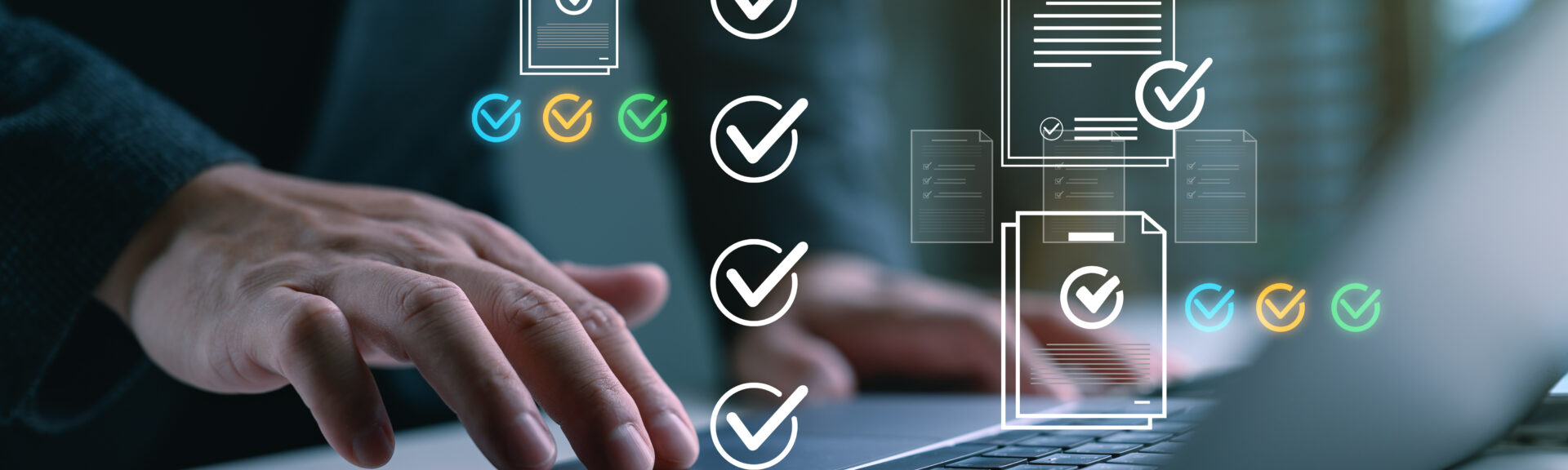 Automated document approval and quality control concept, a professional verifies and manages digital paperwork on a laptop using a smart system before final task delivery. DMS concept.