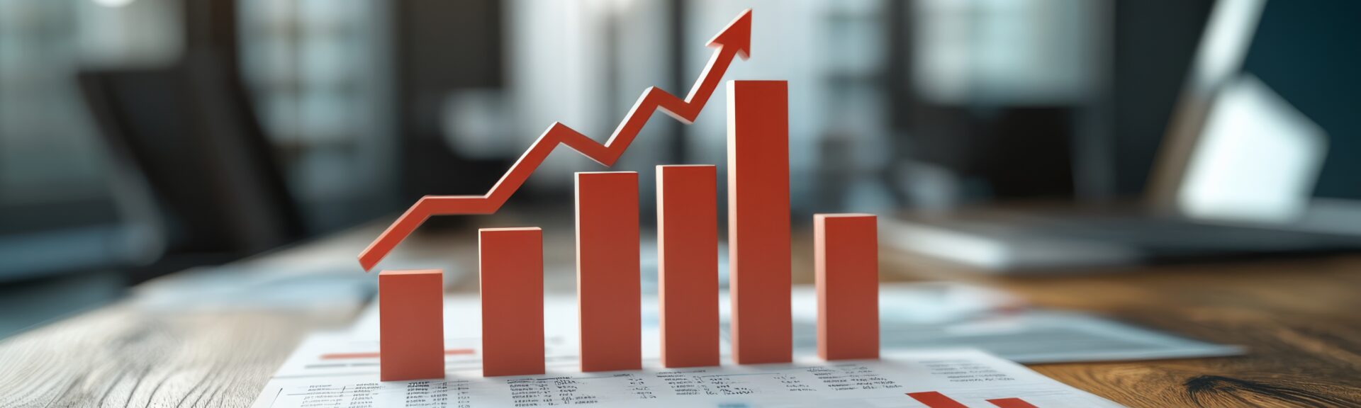 In a contemporary office, bold stacked bar graphs and red downward arrows illustrate a financial infographic, highlighting market trends and performance data