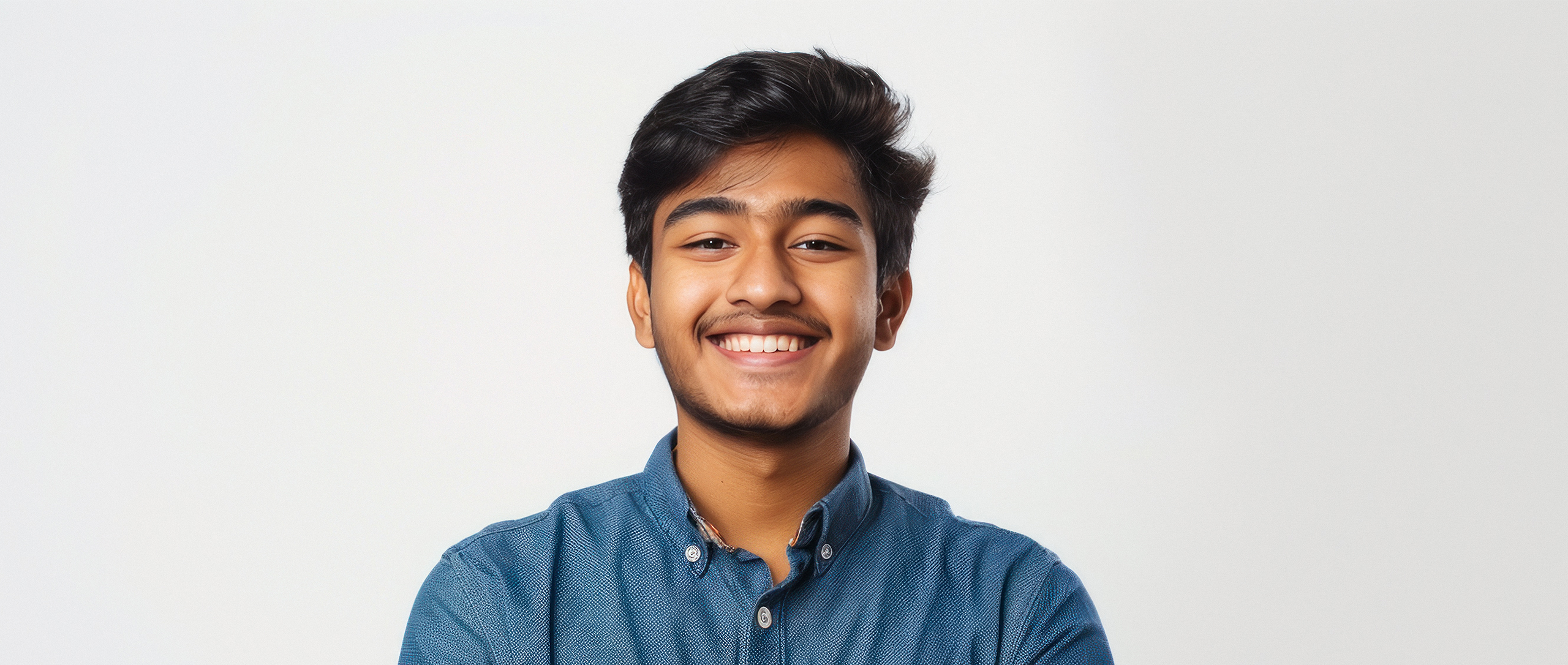 nleiterfoto young Indian man smiling and standing on white background