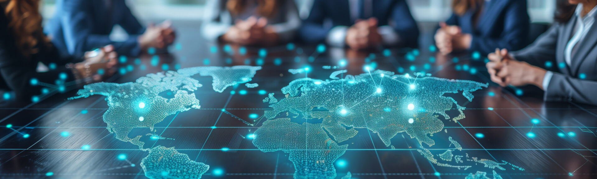 Diverse group of individuals sitting around a table analyzing a world map together, discussing and planning global strategies.