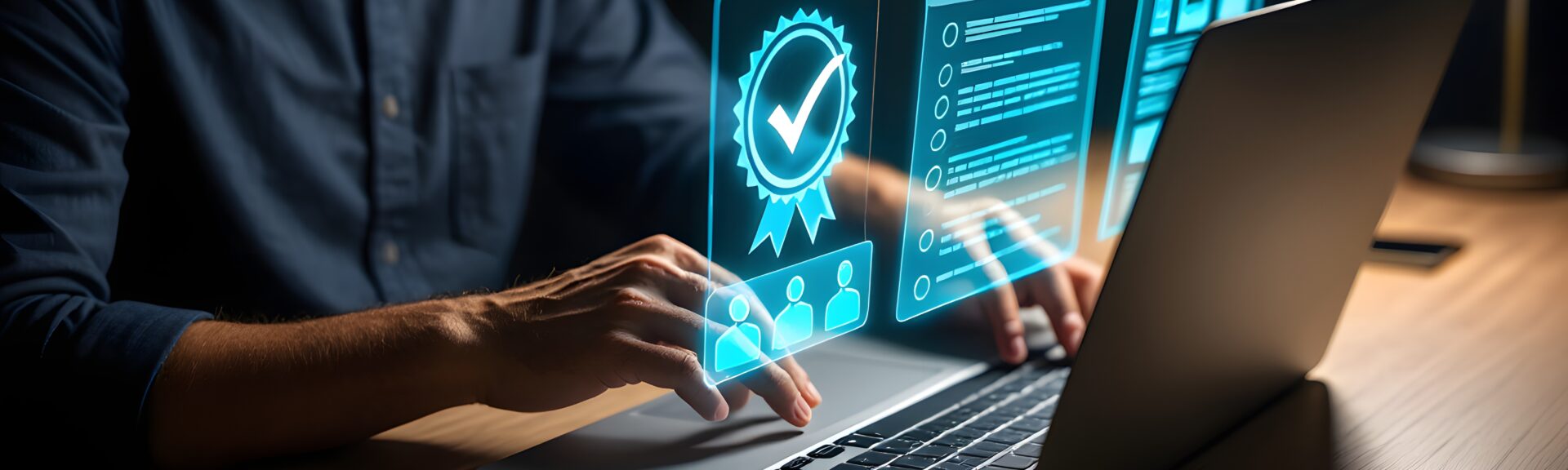 Man typing on a computer with icons and text coming out of it