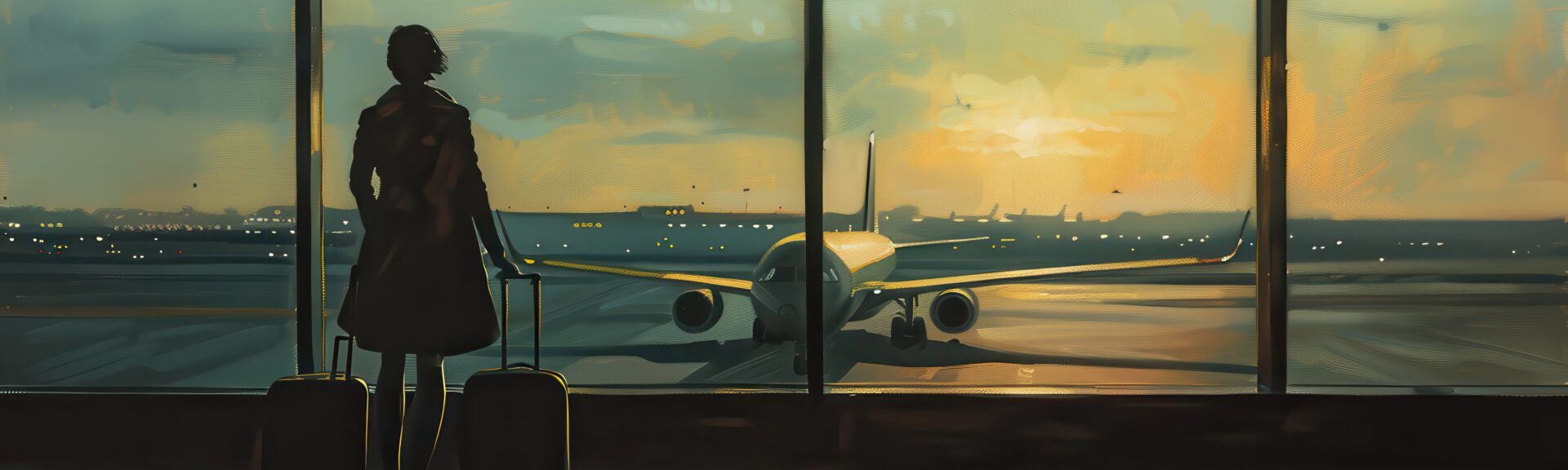 Traveler with luggage looks at airplane through airport window at sunset, depicting journey, travel, and adventure.