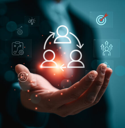 Change management strategy concept with business professional presenting digital team interface, organizational transformation process, leadership alignment and workforce transition planning