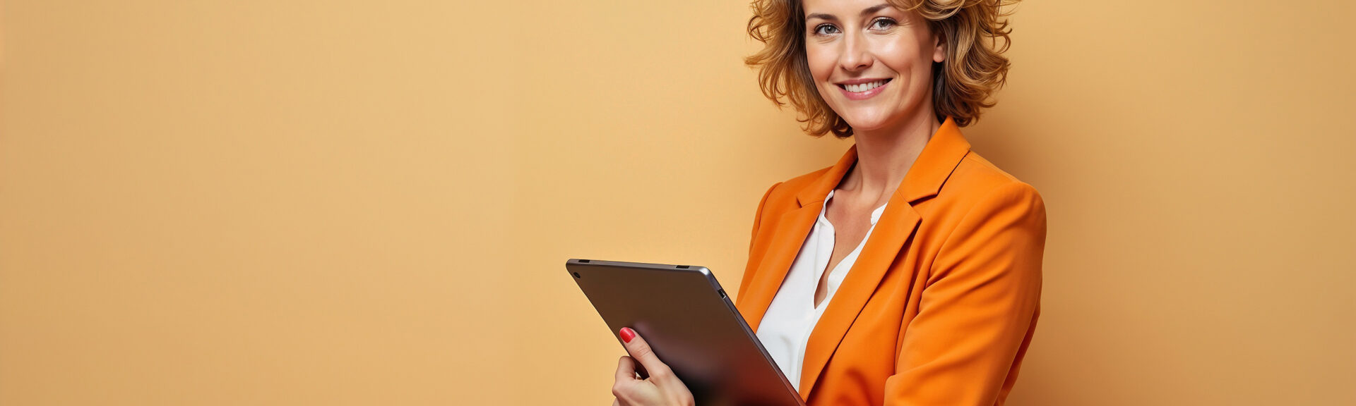 Portrait of a confident businesswoman wearing an orange blazer, holding a tablet against a matching background. The image conveys professionalism, positivity, and modern technology us