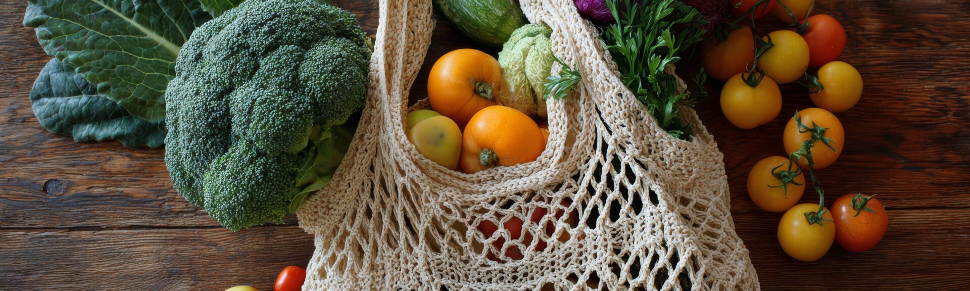 Eco friendly reusable knitted mesh string shopping bag filled with fresh fruits and vegetables concept of sustainable grocery shopping zero waste lifestyle and plastic free eco conscious market purcha