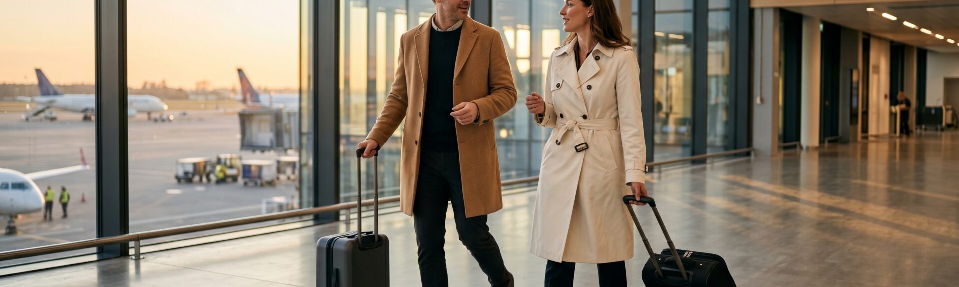 Professional business travelers walking through modern airport terminal with suitcases
