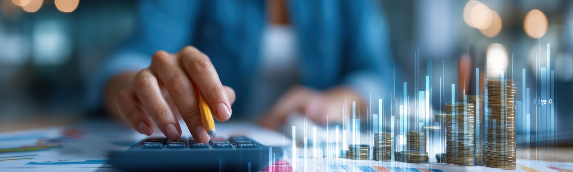 Woman calculating finances with digital coins