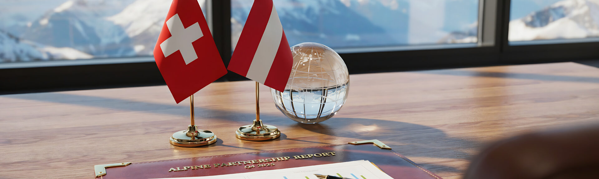 Office desk with swiss and austrian flags, financial documents, and globe, mountain view swiss flag