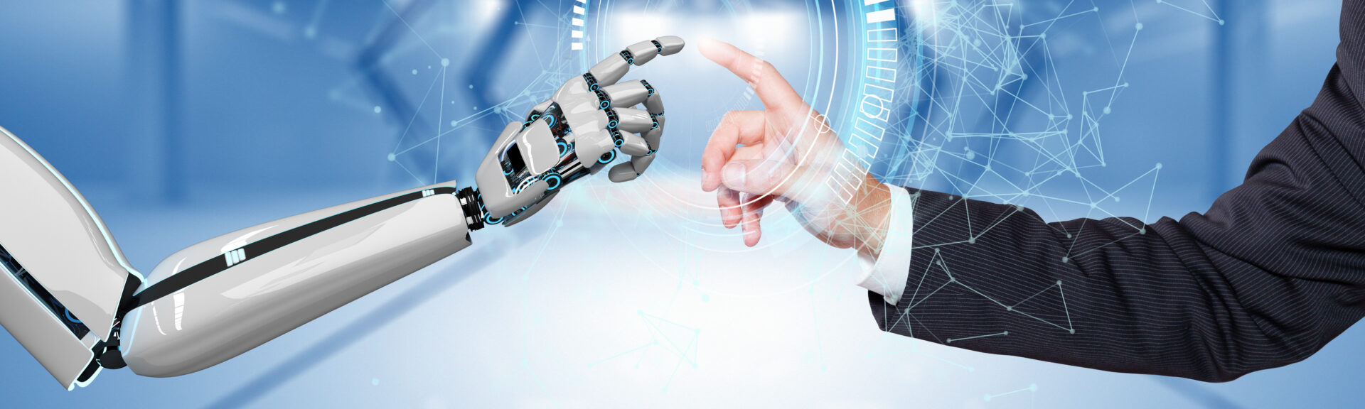 Businessman Robot Hands Connection HUD Network